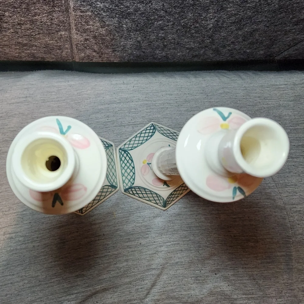 Signed Hand-Painted Ceramic Candlesticks Pink Green Flowers Lattice Design 12